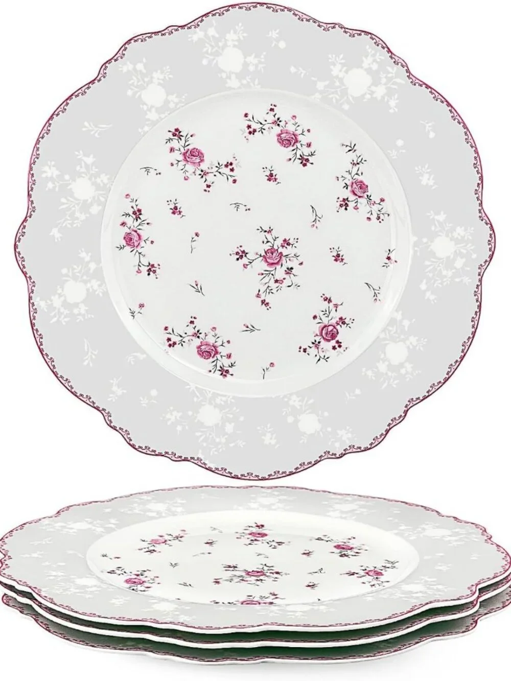 Set of 4 Vintage Pink Roses Ceramic Dinner Plates - Elegant Floral Design, 10